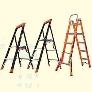 Three different types of step ladders: one foldable, one with a tool tray, and another extendable.