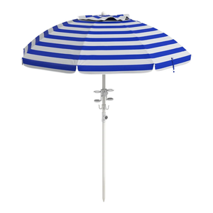 A blue and white striped beach umbrella with a central pole, equipped with hooks and attachments for convenience.