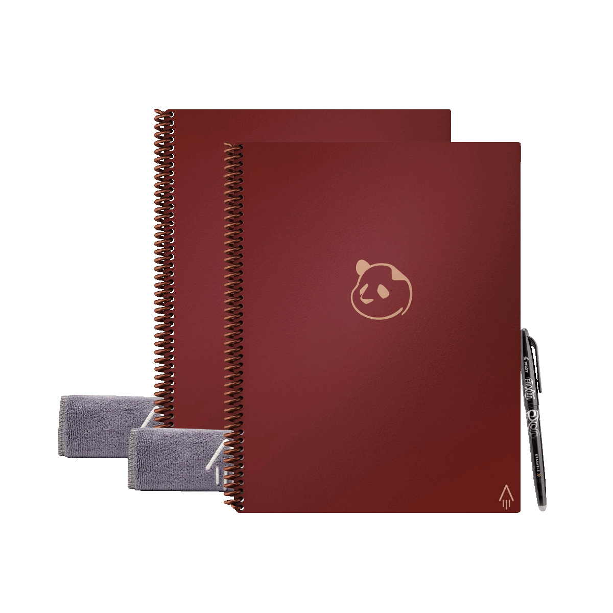 Two dark red spiral-bound reusable planners featuring a panda logo, each accompanied by a gray cloth and a black pen.