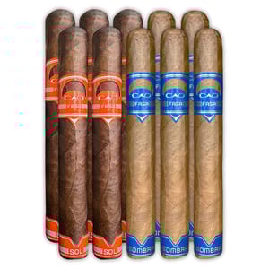 10-pack of CAO Fasa cigars, featuring five with red bands labeled \“Sol\“ and five with blue bands labeled \“Sombra,\“ indicating different flavor profiles.