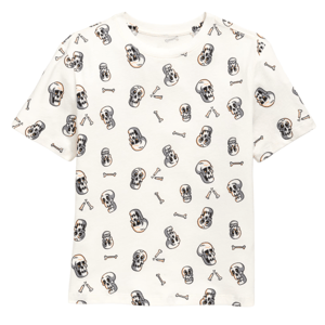 A white T-shirt featuring a pattern of cartoon skulls and bones in black, gray, and orange.