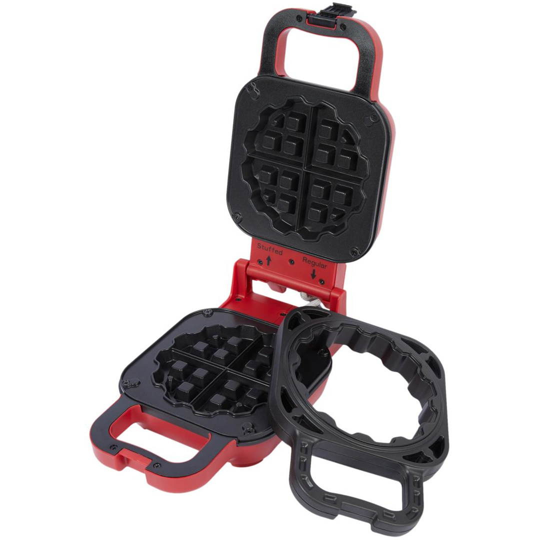 Red Kitchen HQ Stuffed Waffle Maker with nonstick plates, adjustable for stuffed or regular waffles; features a removable insert ring for tailored waffle thickness.
