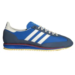 Blue and white Adidas sneakers featuring signature three stripes, a textured upper, and a layered sole with blue, red, and yellow accents.
