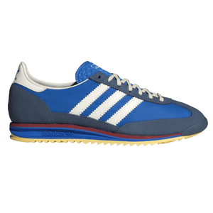 Blue and white Adidas sneakers featuring signature three stripes, a textured upper, and a layered sole with blue, red, and yellow accents.