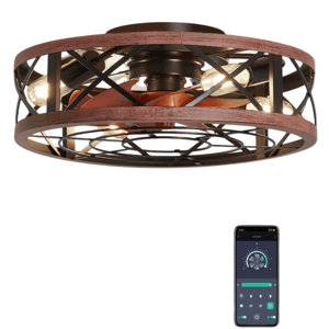 Ceiling fan with integrated light, encased in a metal and wood frame, featuring remote and app control.