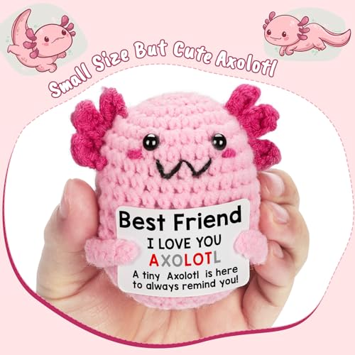 A small, cute crocheted axolotl holding a sign that says, \“Best Friend, I love you, axolotl. A tiny axolotl is here to always remind you!\“