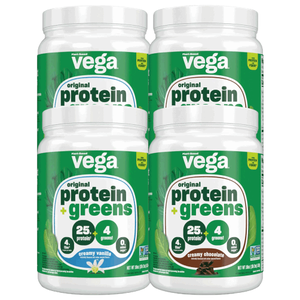 Vega Original Protein + Greens in creamy vanilla and creamy chocolate flavors, offering 25g of protein per serving with 4g of greens.
