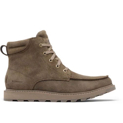 A brown, suede, lace-up ankle boot with a rugged sole and pull tab at the heel.