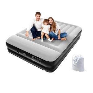 Queen-sized air mattress with a gray top and black sides, featuring an integrated pump on the side and accompanied by a carry bag.
