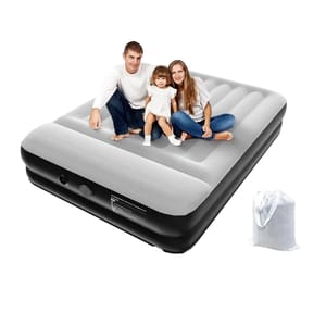 Queen-sized air mattress with a gray top and black sides, featuring an integrated pump on the side and accompanied by a carry bag.
