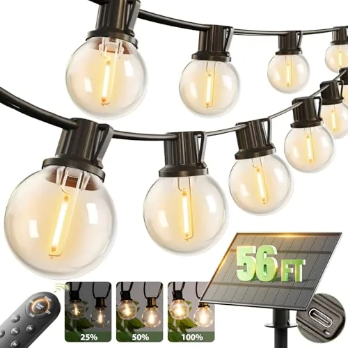 Solar-powered string lights with globe-shaped bulbs and adjustable brightness, shown with a remote control and solar panel.