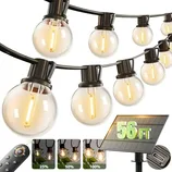 Solar-powered string lights with globe-shaped bulbs and adjustable brightness, shown with a remote control and solar panel.