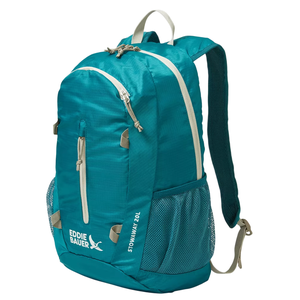 A teal Eddie Bauer Stowaway backpack, 20L capacity, featuring a main compartment with zipper closure, front vertical zipper pocket, and dual mesh side pockets.