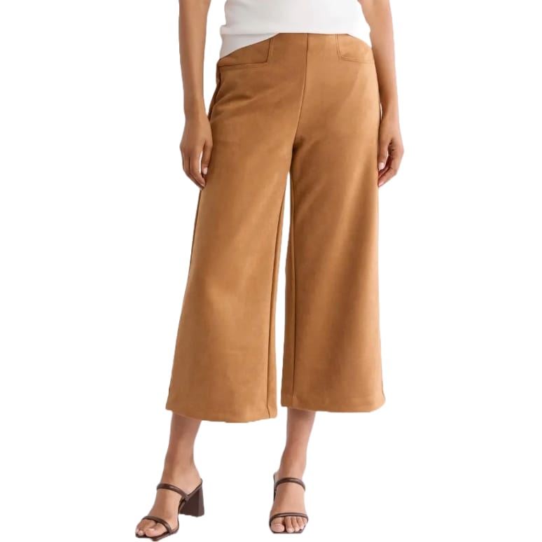 Tan wide-leg, cropped pants made of faux suede, featuring a high waist and side pockets, paired with strappy block-heeled sandals.