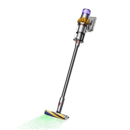 A cordless stick vacuum cleaner with a sleek design features a colorful top section and a green light at the base, likely for enhanced cleaning visibility.