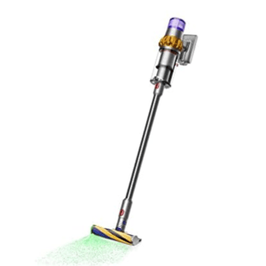 A cordless stick vacuum cleaner with a sleek design features a colorful top section and a green light at the base, likely for enhanced cleaning visibility.