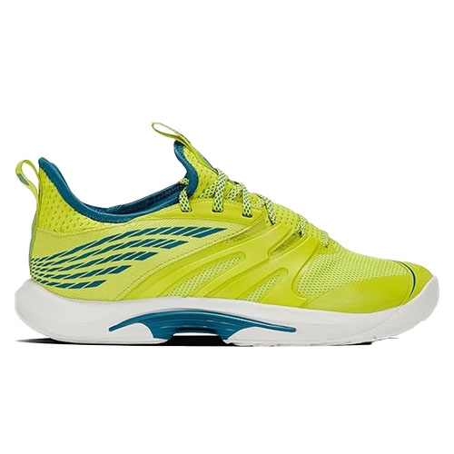 A bright yellow athletic sneaker with teal accents and a white sole, featuring a mesh upper and textured design for breathability and support.