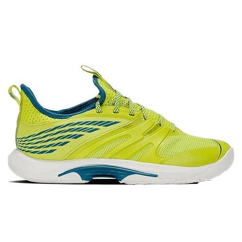 A bright yellow athletic sneaker with teal accents and a white sole, featuring a mesh upper and textured design for breathability and support.