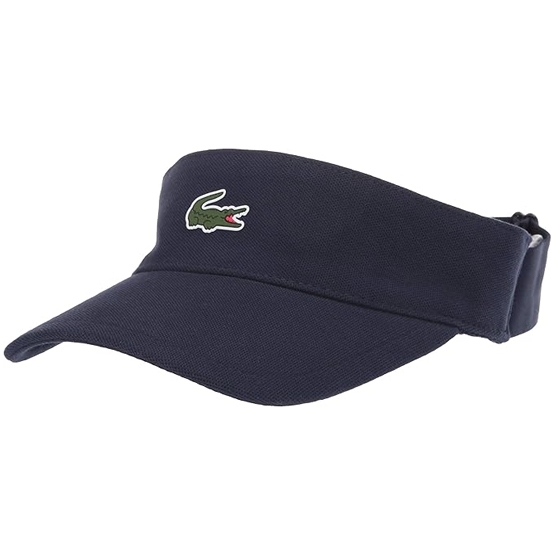 A navy blue Lacoste golf visor featuring the brand's iconic green crocodile logo on the front, adjustable with a back strap for a comfortable fit.
