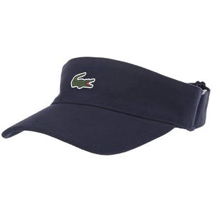A navy blue Lacoste golf visor featuring the brand's iconic green crocodile logo on the front, adjustable with a back strap for a comfortable fit.