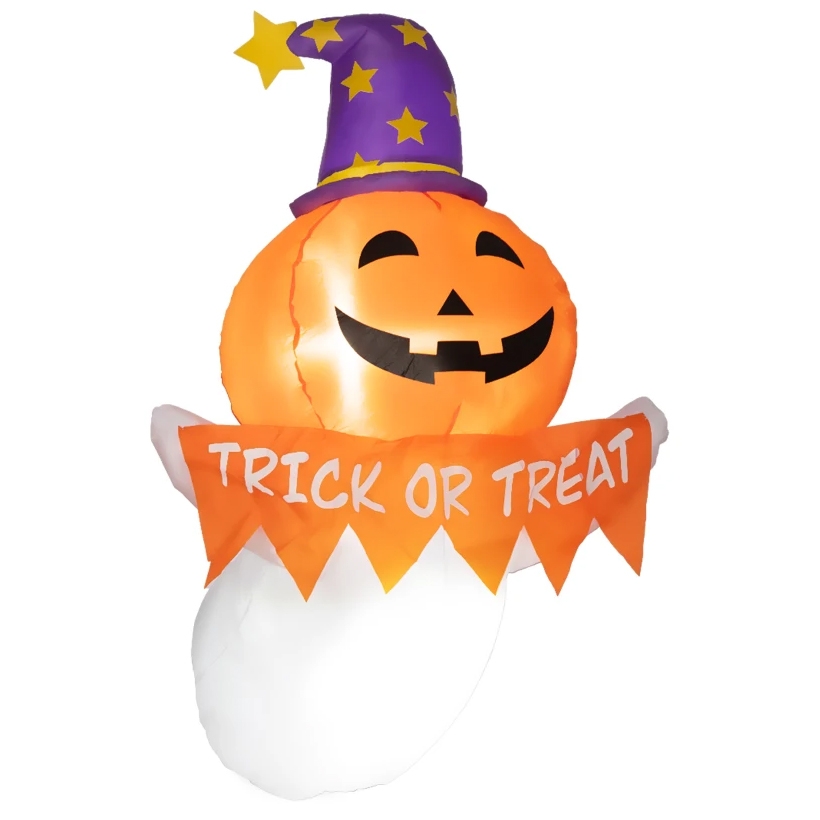 Inflatable Halloween decoration featuring a smiling pumpkin wearing a purple wizard hat, holding a 'TRICK OR TREAT' banner.