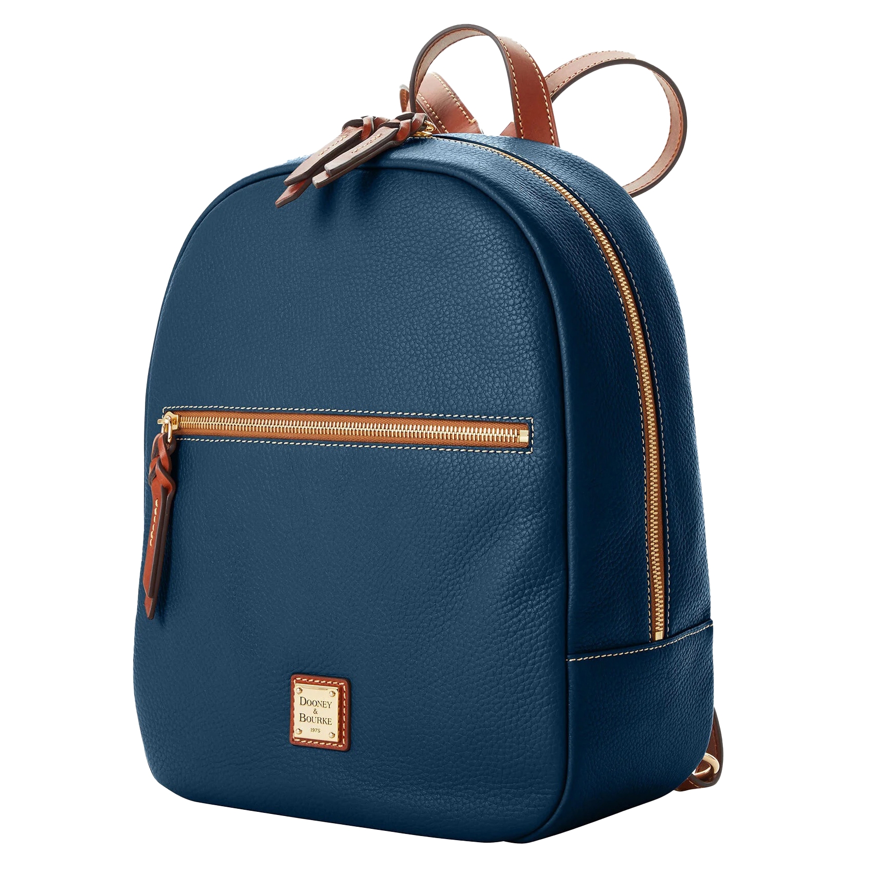A blue leather backpack featuring a front zippered pocket, gold-tone hardware, and brown leather straps.