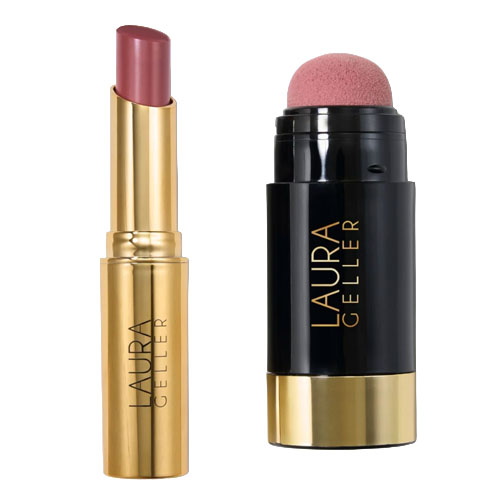 A Laura Geller lipstick with a gold casing next to a black and gold dual-ended blush stick featuring a sponge applicator on one end.