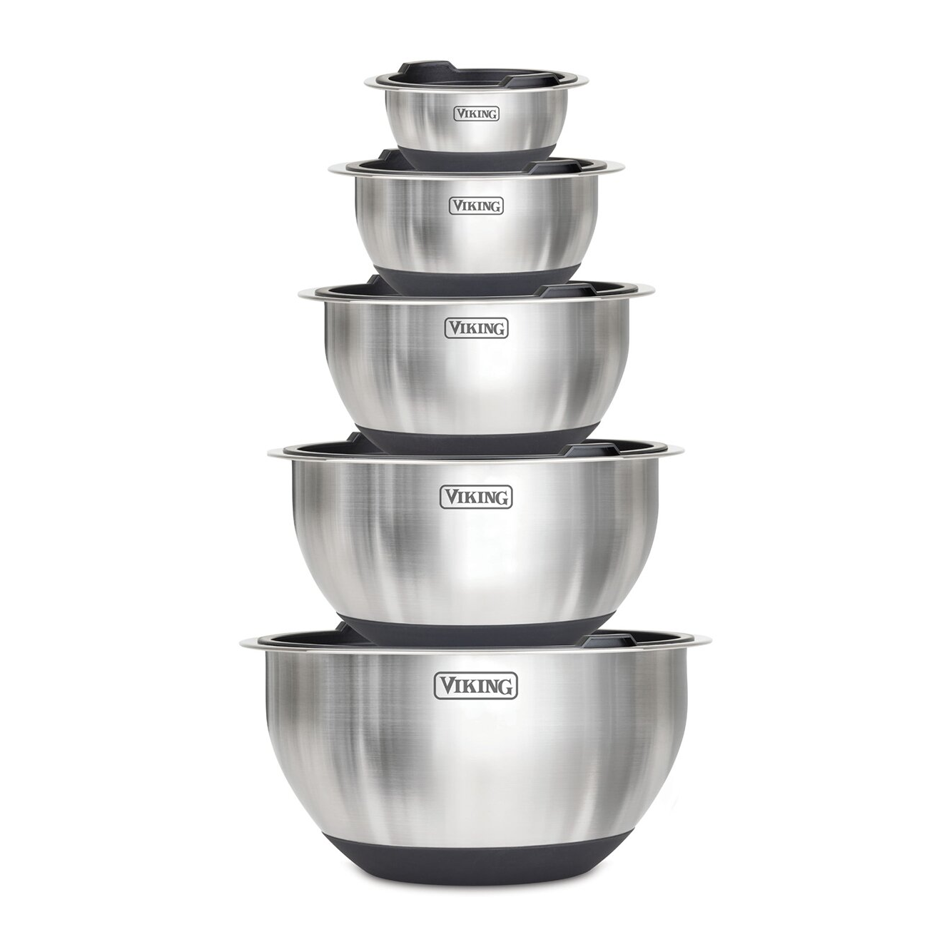 A stack of five stainless steel mixing bowls with black rims and bases, featuring the brand name \“Viking\“ on each bowl.