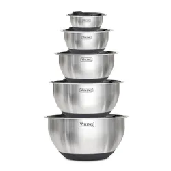 A stack of five stainless steel mixing bowls with black rims and bases, featuring the brand name \“Viking\“ on each bowl.