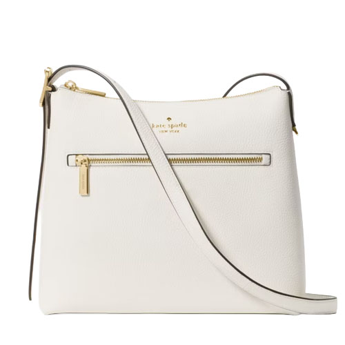 A white leather shoulder bag with a gold zipper and branding details on the front, featuring a long strap for easy carrying.