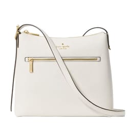 A white leather shoulder bag with a gold zipper and branding details on the front, featuring a long strap for easy carrying.