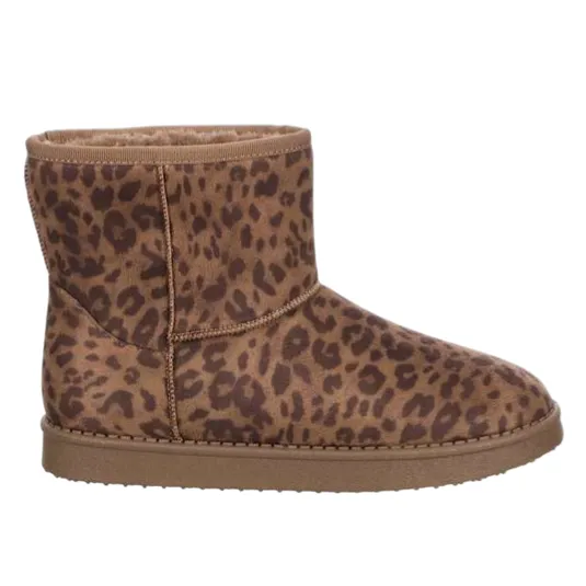 A leopard-print ankle boot with a soft, fleece-like interior and a flat sole designed for casual wear.