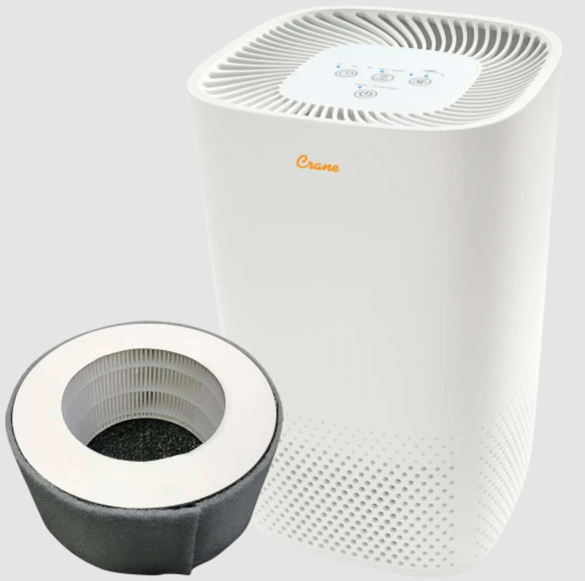 Air purifier with a touch control panel on top alongside its cylindrical replacement filter.