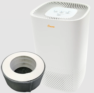Air purifier with a touch control panel on top alongside its cylindrical replacement filter.