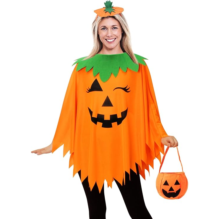 A person is wearing an orange pumpkin costume with a green collar, featuring a smiling jack-o'-lantern face. They hold a matching orange pumpkin basket and have a small pumpkin hat on.