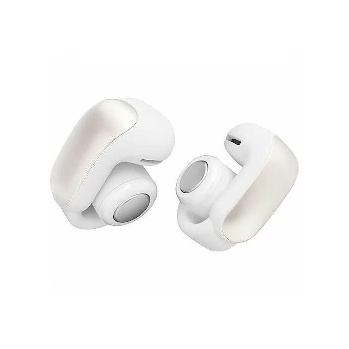 Bose Ultra Open ANC Earbuds are white, wireless earbuds designed for an open-ear audio experience. They feature active noise cancellation and a sleek, compact design.