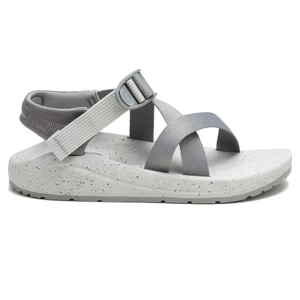 Gray sandal with adjustable straps, textured sole, and an ankle strap for support.