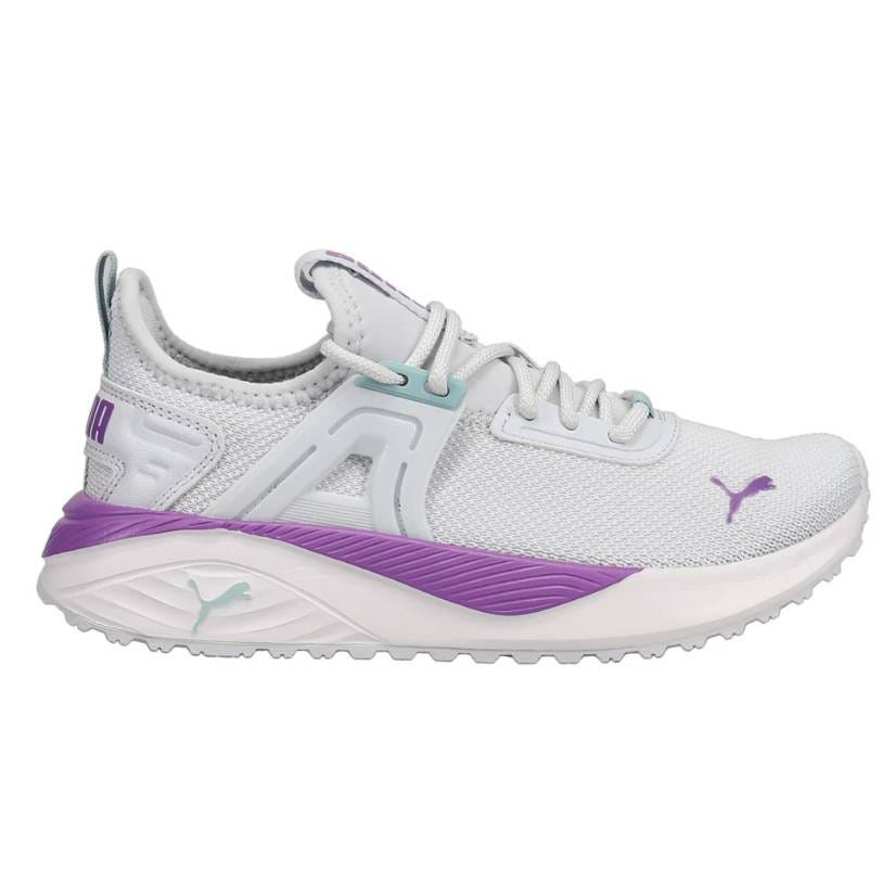 White and purple athletic sneaker with a mesh upper, lace-up design, and a cushioned sole.