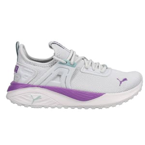 White and purple athletic sneaker with a mesh upper, lace-up design, and a cushioned sole.