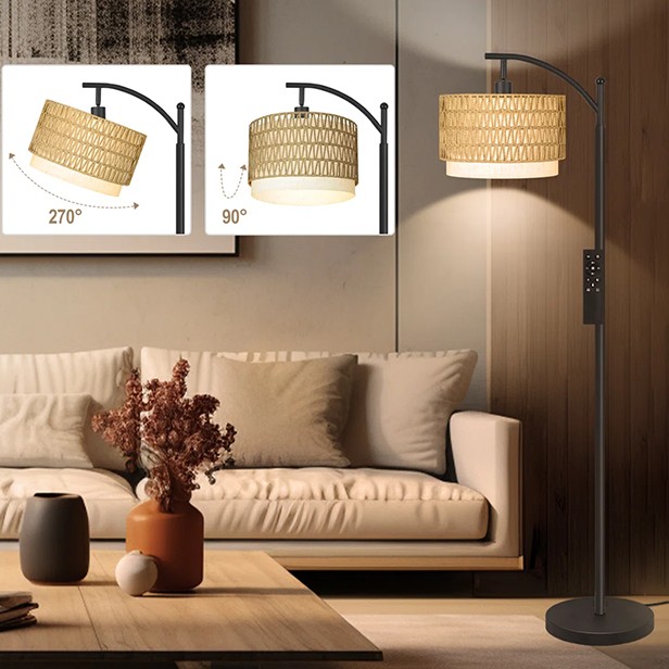 Rattan floor lamp with a remote-controlled adjustable arm, allowing 270° horizontal and 90° vertical movement. The lamp features a woven rattan shade, creating a warm, ambient light in a modern living room setting.