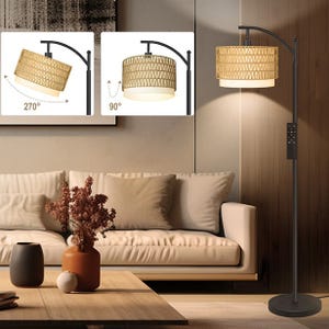 Rattan floor lamp with a remote-controlled adjustable arm, allowing 270° horizontal and 90° vertical movement. The lamp features a woven rattan shade, creating a warm, ambient light in a modern living room setting.