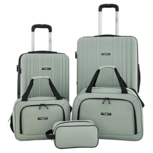 A five-piece light green luggage set featuring two rolling suitcases with handles, two carry-on bags with black straps, and a small accessory pouch.