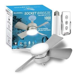 The Socket Breeze by Bell+Howell is a 2-in-1 LED light and fan with 1000 lumens, featuring three fan speeds and light settings. It includes a remote control and fits into standard light sockets.