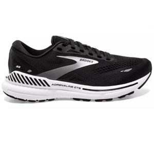 Black Brooks Adrenaline GTS 23 running shoe with a mesh upper, cushioned white sole, and supportive design.