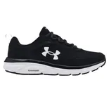 A black and white Under Armour athletic shoe with a logo on the side, featuring a cushioned sole labeled \“Charged\“ for enhanced support.