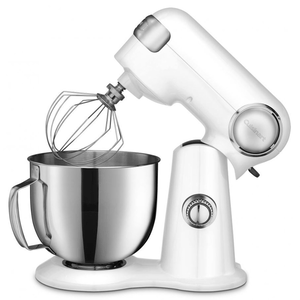 A white stand mixer with a metal bowl and a wire whisk attachment. The mixer has a tilt-head design and a control knob on the side.