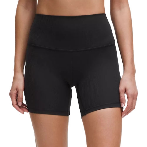 High-waisted, black athletic shorts designed for a snug fit, extending to mid-thigh length.