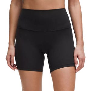High-waisted, black athletic shorts designed for a snug fit, extending to mid-thigh length.