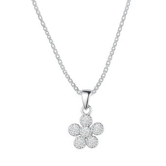 A silver necklace with a flower-shaped pendant featuring multiple small, sparkling stones.