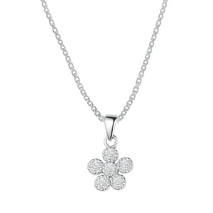 A silver necklace with a flower-shaped pendant featuring multiple small, sparkling stones.